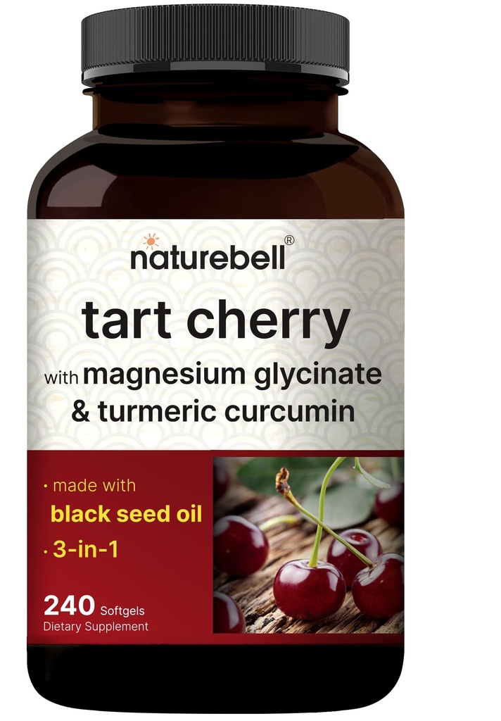 NatureBell Tart Cherry, 240 Softgels – 3-in-1 Formula with Magnesium Glycinate and Turmeric Extract – Made with Black Seed Oil – Non-GMO, Gluten Free