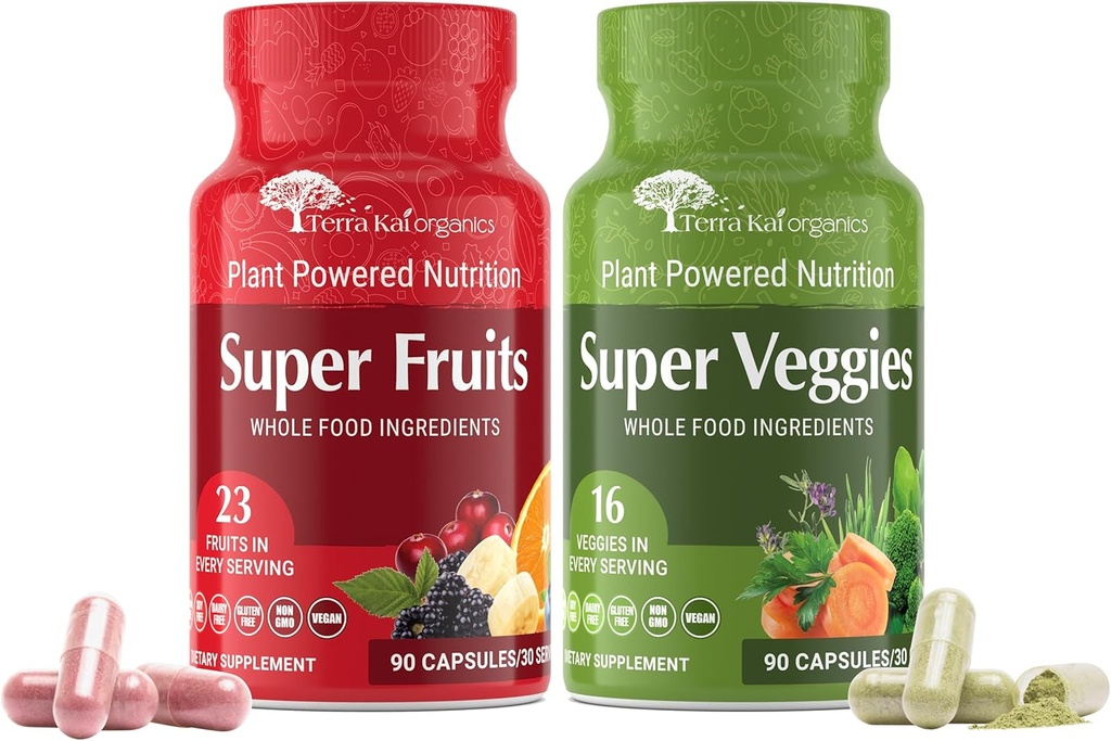 TERRA KAI Organics Formule originale - Super Fruits & Veggies Supplément - Sans gluten/gélatine, sans soja et végétalien- Rouges & Verts Superfood Capsules- 23 Fruits & 16 Légumes (180 Nombre)