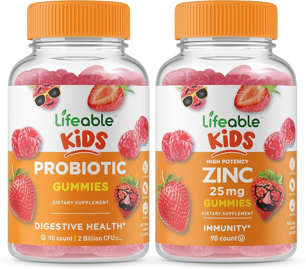 Lifeable Probiotic 2 Million CFU Enfants + Zinc 25mg Enfants, Gummies Bundle - Grande dégustation, supplément de vitamine, sans gluten, sans OGM, gummy à croquer