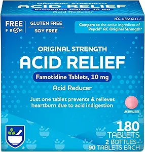Rite Aid Acid Reducer, Original Strength Famotidine Tablets, 10 mg - 2 Bottles, 90 Count Each (180 Count Total) | Heartburn Relief | Acid Reflux | Antacid Chews & Tablets, Heartburn Chews & Tablets