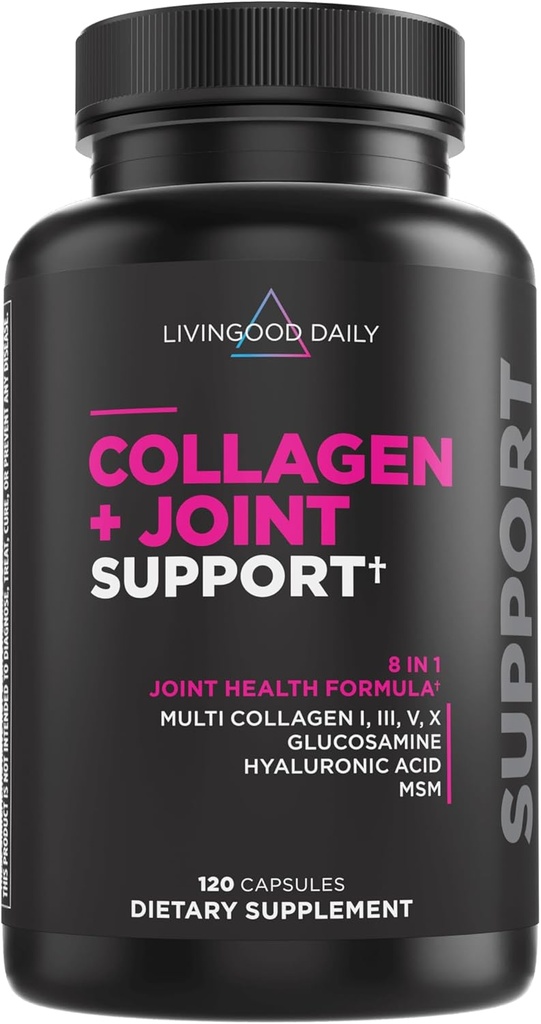 Livingood Daily Collagen + Joint Support, Herbe Fed Multi Collagen Peptides I III V X avec acide hyaluronique, Supplément de soutien pour les femmes et les hommes, ongles de peau de cheveux, sans kéto et sans gluten, 120 capsules