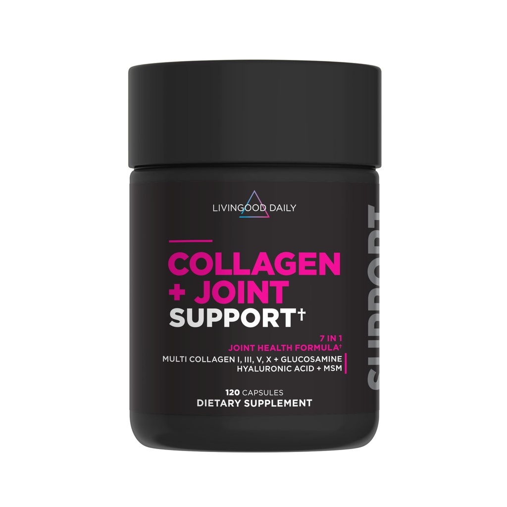 Livingood Daily Collagen + Joint Support, Herbe Fed Multi Collagen Peptides I III V X avec acide hyaluronique, Supplément de soutien pour les femmes et les hommes, ongles de peau de cheveux, sans kéto et sans gluten, 120 capsules