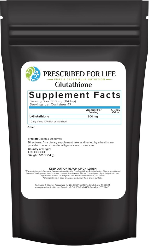 Prescription pour la vie L Poudre de glutathion, Glutathion pur réduit, Tripeptide des acides aminés Glycine, Glutamine et Cysteine, Supplément antioxydants pour le soutien immunitaire (0,5 oz / 14g)