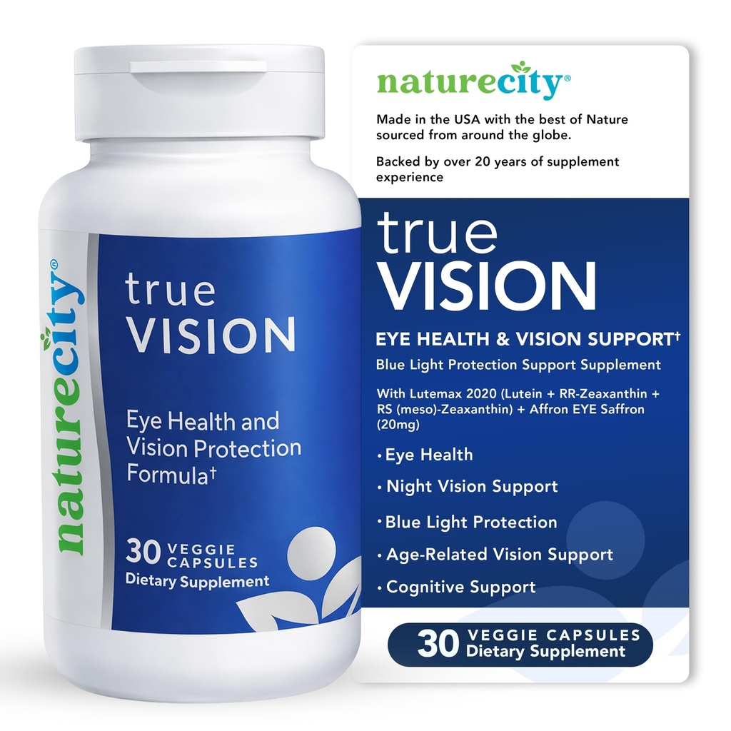 NatureCity True-Vision Eye Health Supplement - Lutéine et zéaxanthine à base végétale avec safran à haute puissance 20mg - Blue Light Protection, support de vision centrale et nocturne (30 capsules de légumes)