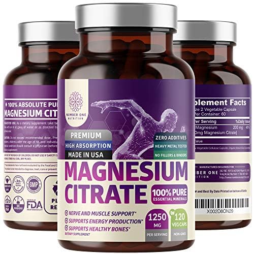 Capsules de citrate de magnésium pur 1250mg, Trace minéral facilement absorbé et purifié pour support musculaire et digestif, 120 capsules