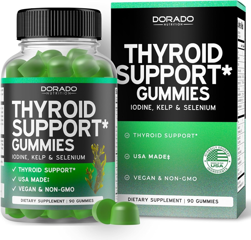 Soutien à la thyroïde pour les femmes et les hommes (90 Gummies) Ashwaganda, Iodine, Bladderwrack, Kelp et Schisandra - Supplément de soutien - Delicious Apple Flavor - Non-OGM, Vegan et sans gluten (90 comte)
