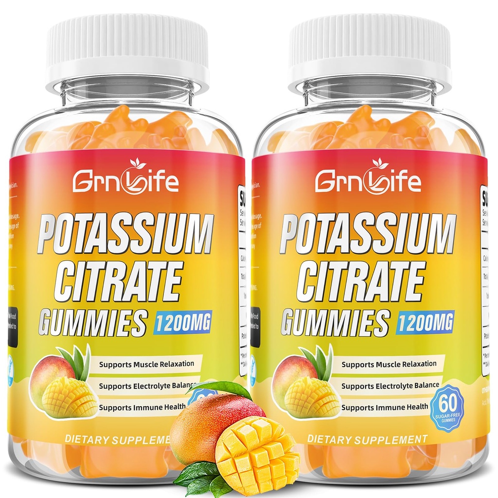 Citrate de potassium Gummies, supplément de potassium élevé Gummies 1200mg Support Crampes de jambe et santé musculaire, Gommies de potassium pour adultes et enfants, Vegan, Mango Flavor 120 Comte