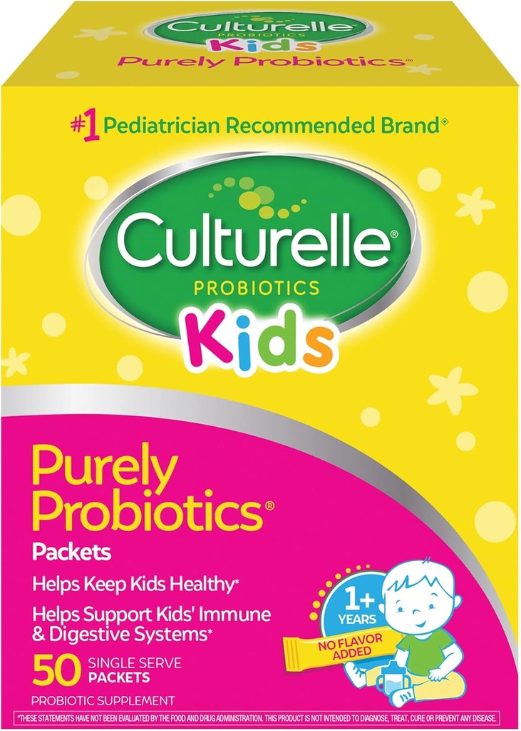 Culturelle Kids Daily Probiotic Packets for Kids, (Age 3+) - 50 Compte – De la marque recommandée par les pédiatres #1 – Probiotiques quotidiens sans saveur pour la santé digestive et le soutien immunitaire