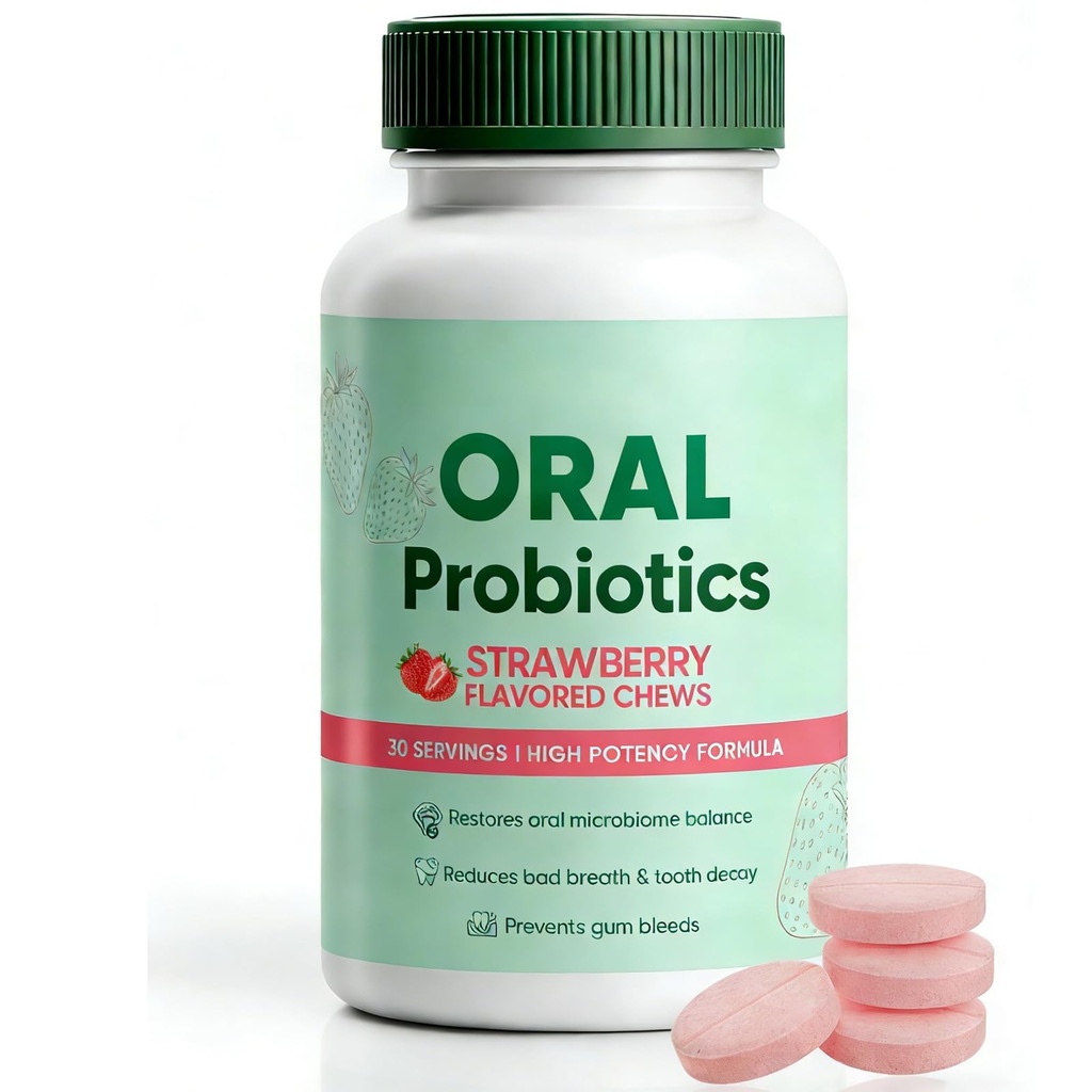Oral Probiotics Supplement for Fresh Breath, Teeth and Gums Health, Strawberry Flavor, 60 Count (1)