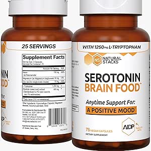 STACKS NATURELS Sérotonine Cerveau Nourriture avec/L-Tryptophane et Rhodiola Rosea - Supplément de soutien de l'humeur - Promotion de l'humeur positive, calme, soulagement du stress - Supplément de soutien de l'humeur heureuse et du cerveau - 75 Capsules
