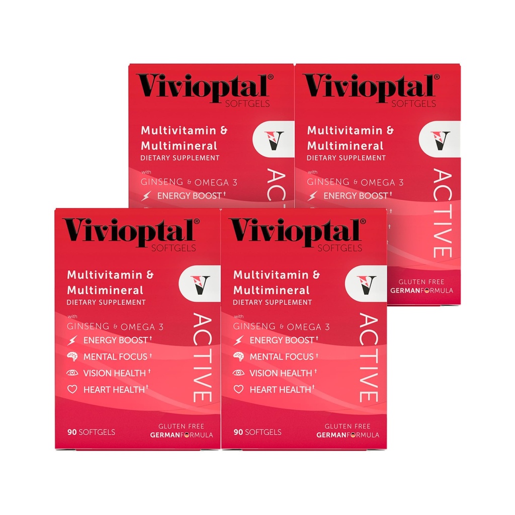 Vivioptal Active, 90 Softgels (1 Year Supply), Ginseng & Omega 3, Multivitamin & Multimineral, Gluten Free, German Formula