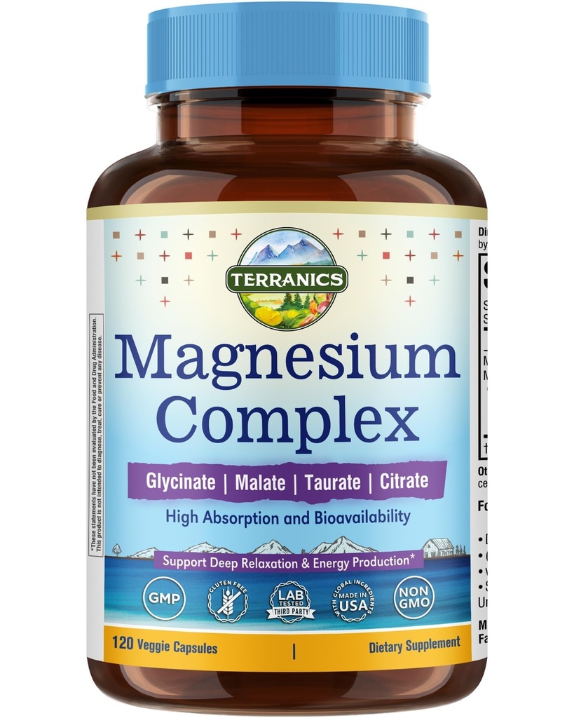 Terranics Magnesium Complex 500mg, Glycinate, Malate, Taurate, Citrate, Chelated Purified Easily Absorbed Magnesium Supplement for Sleep, Heart, Energy, Digestion Support, 120 Capsules
