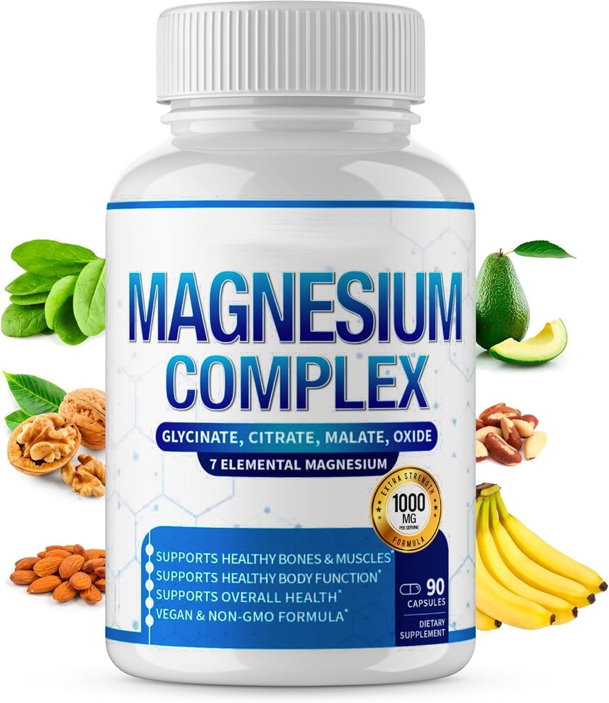 Magnesium Complex Supplement 7 Elemental 1000mg - Magnesium Glycinate, Citrate, Malate, Taurate, Chelated for Easy Absorption for Bones, Muscle, Recovery, Energy, Vegan Non-GMO 90 Capsules