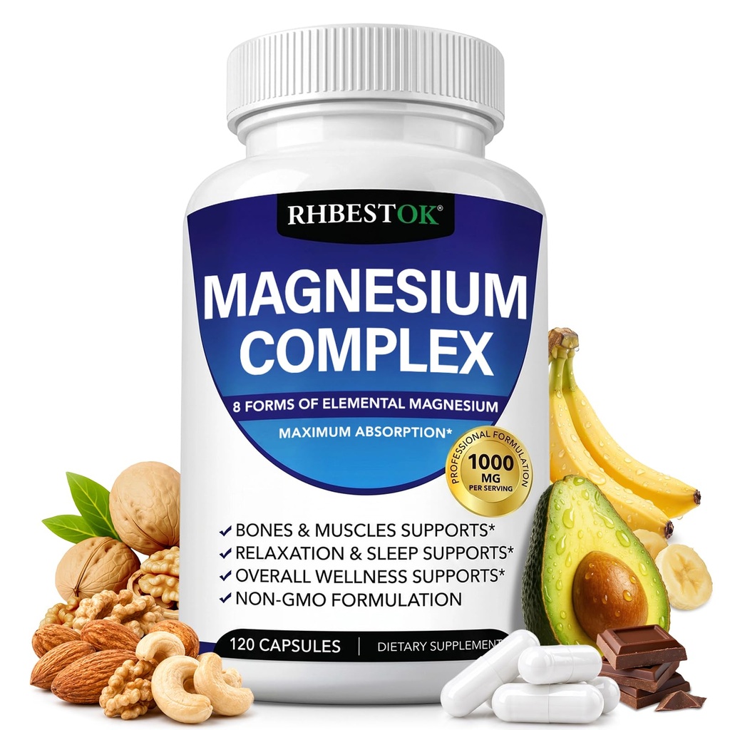Magnesium Complex 1000mg for Women & Men, 8 Forms Including Glycinate, Citrate, Malate, Taurate, Oxide, Carbonate, Aspartate, Orotate, Bone, Muscle, Energy & Recovery Support, Vegan, 120 Capsules