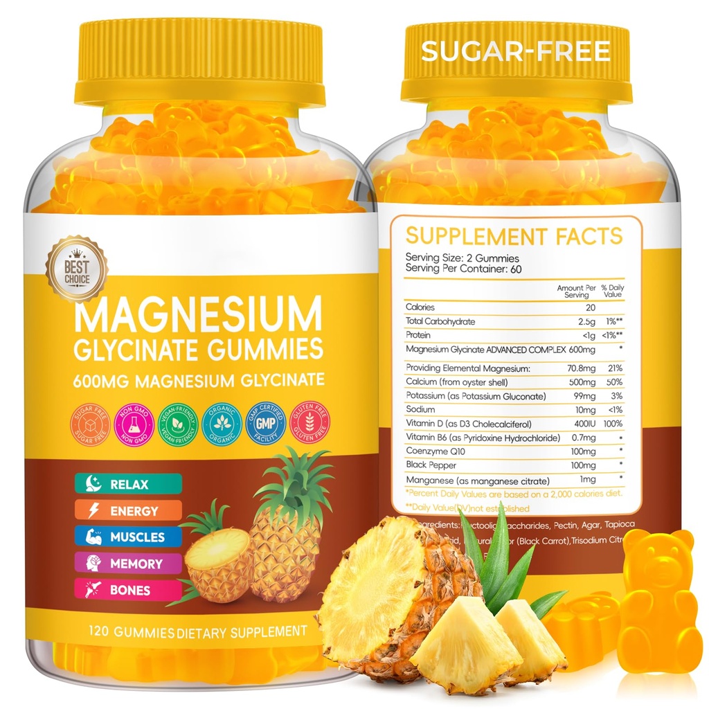 Magnesium Glycinate Gummies 600mg, Sugar Free Chewable Magnesium Gummies for Men & Women, Supports Evening Routine & Inner Balance, No Melatonin, Gluten Free, Non GMO, Vegan, 60 Days Supply