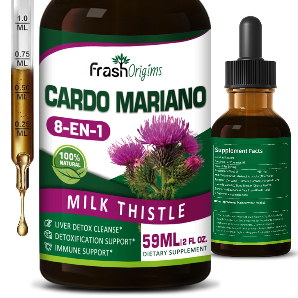 8-in-1 Milk Thistle (Cardo Mariano) Extract Drops, Herbal Liver Detox Cleanse Supplement, Full Body Detoxification & Immune Support w/Artichoke Turmeric Burdock Horsetail Echinacea. 2oz