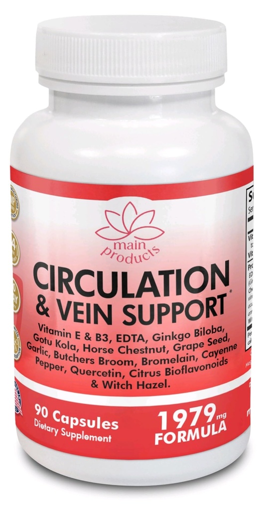 Circulation & Vein Support Supplement - Vitamins E & B3, Ginkgo Biloba, Horse Chestnut, Gotu Kola, Grape Seed, Butcher's Broom & Citrus Bioflavonoids - 1979 mg Formula - 90 Capsules - 30 Days Supply.