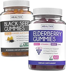 Huile de graines noires Gummies & Gommies de baies aînées (1-Mois d'approvisionnement) Boost Bites immunitaires - Huile de graines noires Gummies Ginger Ale Flavor Nigella Sativa et Gommies de baie aînée pressées à froid pour adultes