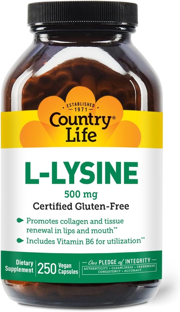 Country Life L-Lysine 500mg avec B-6, soutient la santé immunitaire, favorise le renouvellement du collagène dans les lèvres et la bouche, 250 capsules végétaliennes, certifié sans gluten, certifié végétalien