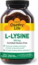 Country Life L-Lysine 500mg avec B-6, soutient la santé immunitaire, favorise le renouvellement du collagène dans les lèvres et la bouche, 250 capsules végétaliennes, certifié sans gluten, certifié végétalien