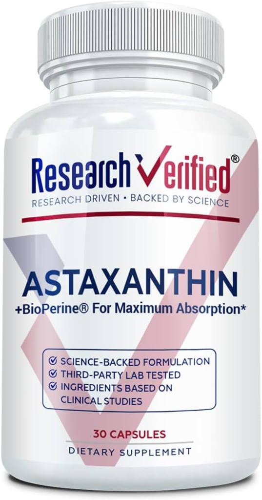 Recherche Astaxanthine vérifiée - puissant antioxydant, combat les radicaux libres, soutient la peau, le cerveau, les yeux et le cœur - Zinc RDA, vitamine E, biopérine - 30 capsules - Non-OGM, Fabriqué aux États-Unis