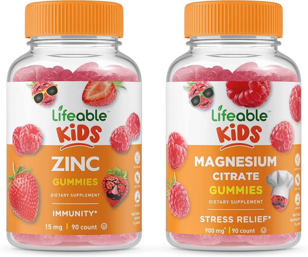 Magnésium Lifeable Kids + Zinc Kids, Gommies Bundle - Grande dégustation, supplément de vitamine, sans gluten, sans OGM, gommy à croquer