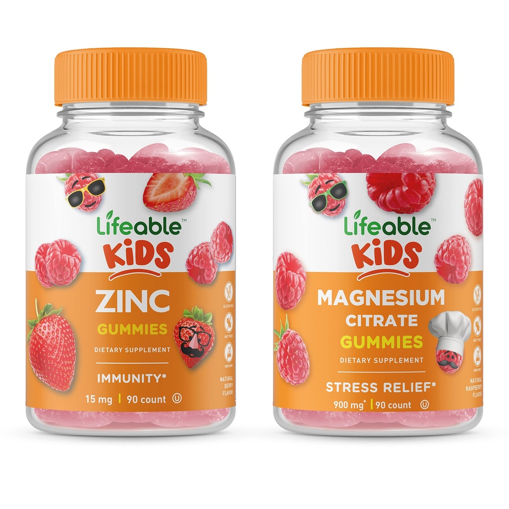 Magnésium Lifeable Kids + Zinc Kids, Gommies Bundle - Grande dégustation, supplément de vitamine, sans gluten, sans OGM, gommy à croquer