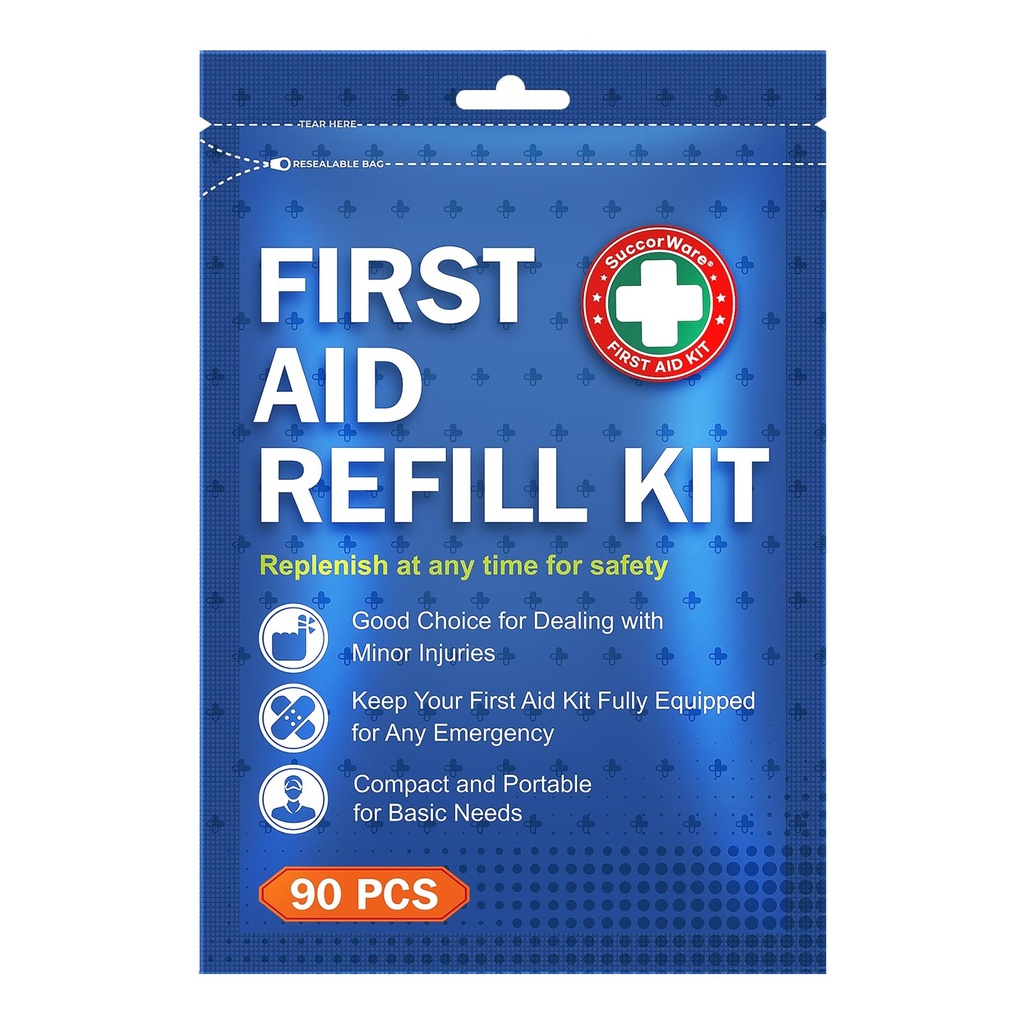 SuccorWare 90 Pieces First Aid Refill Kit - Wound Care Kit Includes Bandages for Home, Travel, Hiking - Portable Replacement Kit for First Aid Medical Supplies（1 Set）