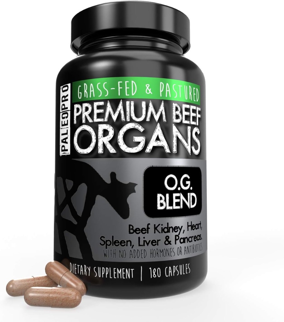 Paleo Pro O.G. Blend Premium Boeuf Organes Capsules, Rein, Coeur, Foie, Spleen et Pancréas de la vache herbeuse, Supplément diététique, Pas d'hormones ou d'antibiotiques ajoutés, 180 Capsules