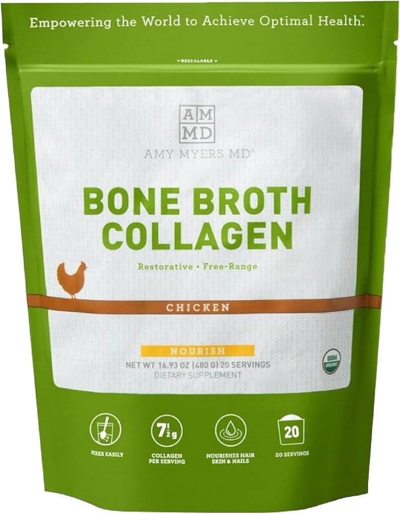 Amy Myers MD Bone Broth Collagen Poudre - Bio Bone Broth de poulet - Soutient une peau et des ongles sains - pour la santé de Gut & Joint Support - 20 portions, goût de poulet
