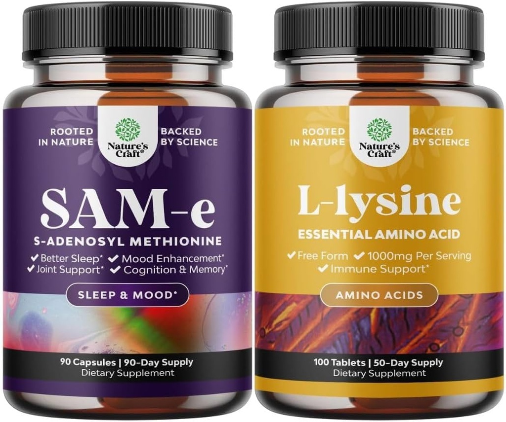 Bundle of Pure SAM E Supplément 150mg - Nootropic Même 150mg par portion pour le soutien de la mémoire et du cerveau et L Lysine 1000mg Forme libre - L-Lysine Supplément pour la santé des yeux