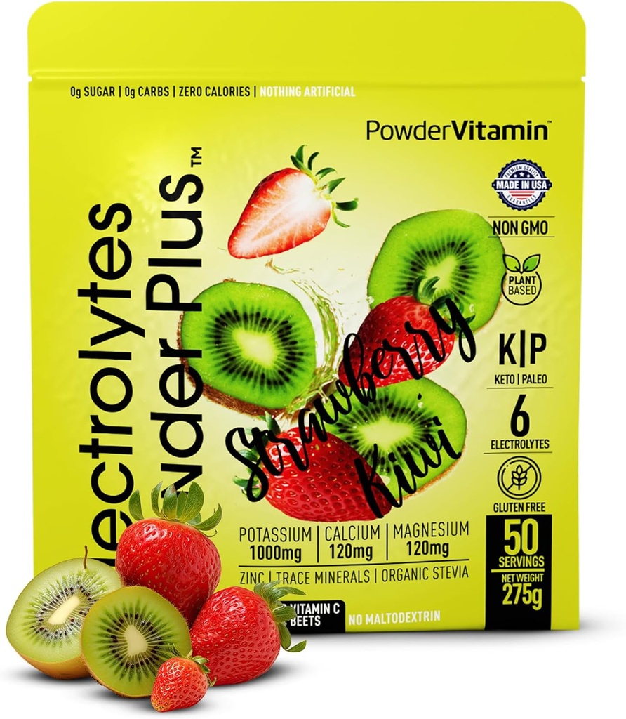 Poudre d'électrolytes Plus (50 portions), 0 Calorie Keto, 0 Sucre, Pas de maltodextrine,1000mg Potassium,120mg Calcium,120mg Magnésium, Poudre d'hydratation (50 portions, Kiwi fraise)
