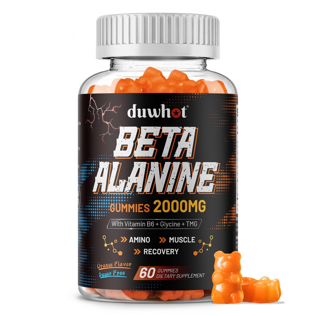 duwhot Beta Alanine Gummies Sugar-Free, 2000mg Beta-Alanine with Glycine, TMG & Vitamin B6 for Muscle Recovery, 4-in-1 Amino Supplements for Adults, Vegan, Orange, 60 Chews