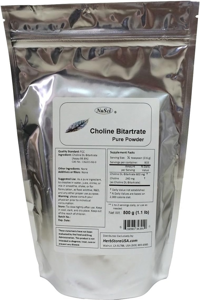 Choline DL- Bitartrate Pure Powder 500g (1,1 lb, 17,6 oz) Nutriment intelligent