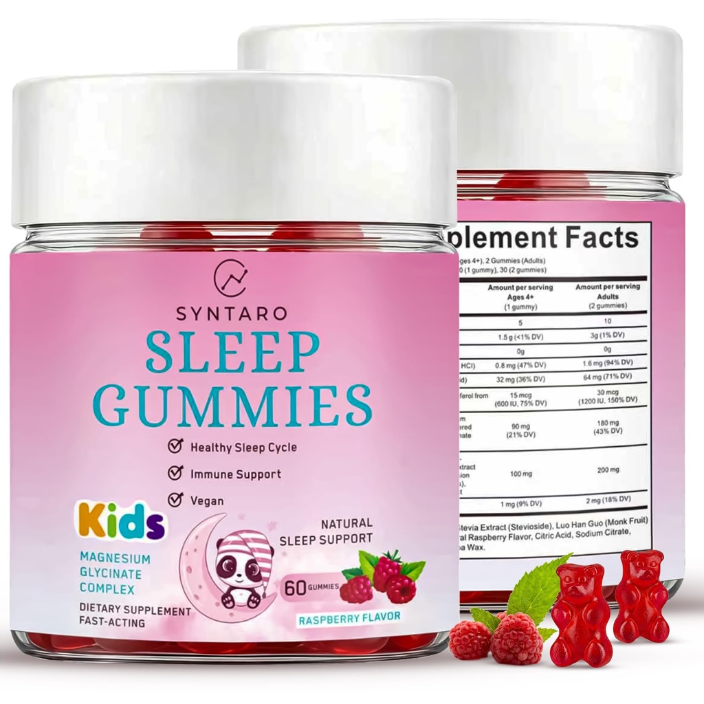 Sleep Gummies for Adults & Kids – Natural Sleep Gummies with Magnesium Glycinate Complex, Raspberry Flavor Sleep Supplement for Healthy Sleep Cycle & Immune Support, 60 Gummies
