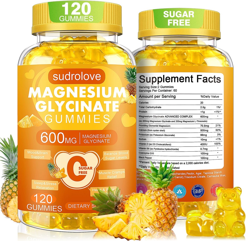 Magnesium Glycinate Gummies 600mg – Sugar Free Magnesium & Potassium Dietary Supplement with Vitamin D, B6 and CoQ10 for Calm Support & Sleep for Adults - High Absorption -Pineapple Gummies