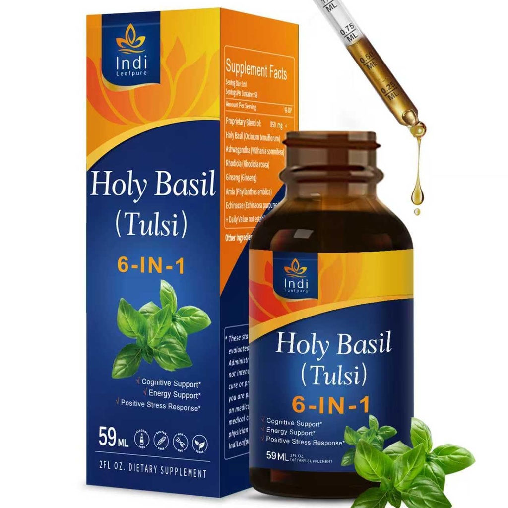 Holy Basil Extract Drops for Cognitive & Energy Support - 6-Ingredient Herbal Supplement for Positive Stress Response w/Ashwagandha Rhodiola. 2oz