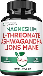 Satoomi 5in1 Magnésium L-Thréonate avec Glycinate de Mangesium, Ashwagandha, Chélalate et Lions Mane - 60 Capsules