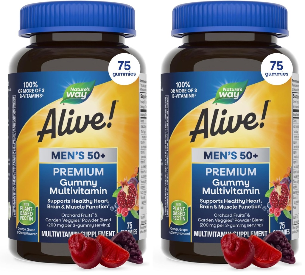 Nature's Way Alive! Men’s 50+ Premium Gummy Multivitamin, Supports Healthy Heart, Brain & Muscle Function*, B-Vitamins, Vegetarian, Grape, Orange and Cherry Flavored, 75 Gummies, (Pack of 2)