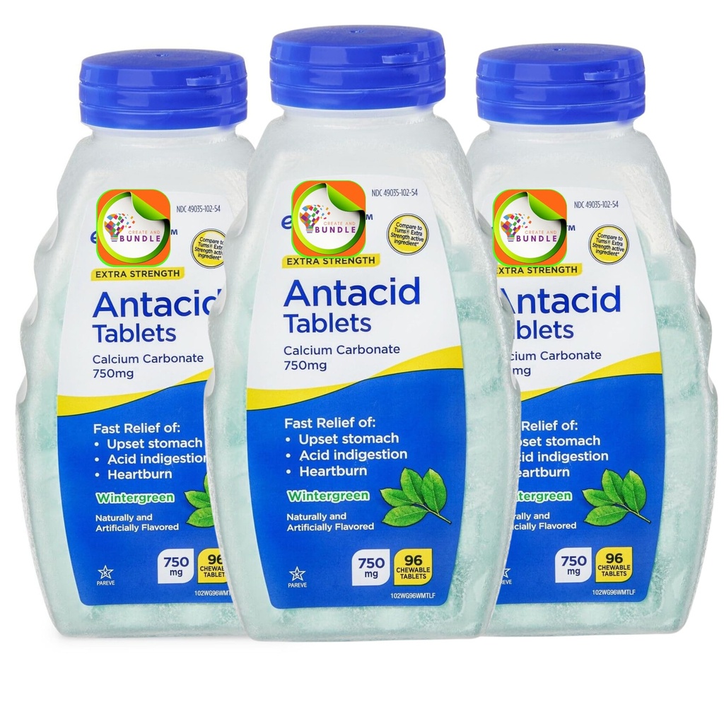 Antacid Chewable Tablets, 750 mg, Wintergreen Flavor, Calcium Enriched, Peppermint, 96 Ct (Pack of 03) Total 288ct