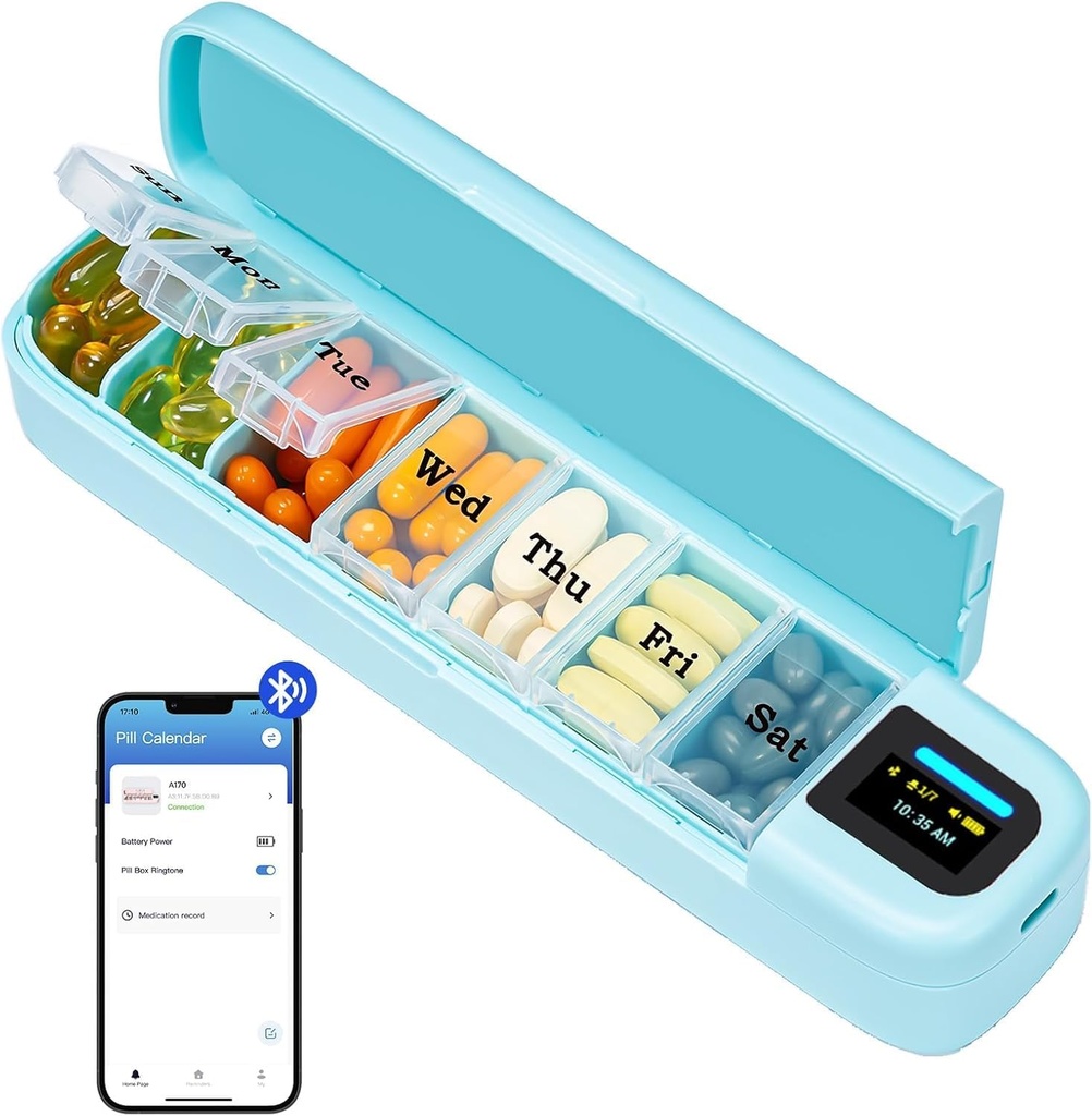 Daviky Smart Pill Organizer with Alarm, Bluetooth Daily Une fois par jour Pill Box 7 Day with APP, Weekly Travel Pill Case, Portable Pill Rappel pour les médicaments, suppléments et vitamines (vert)