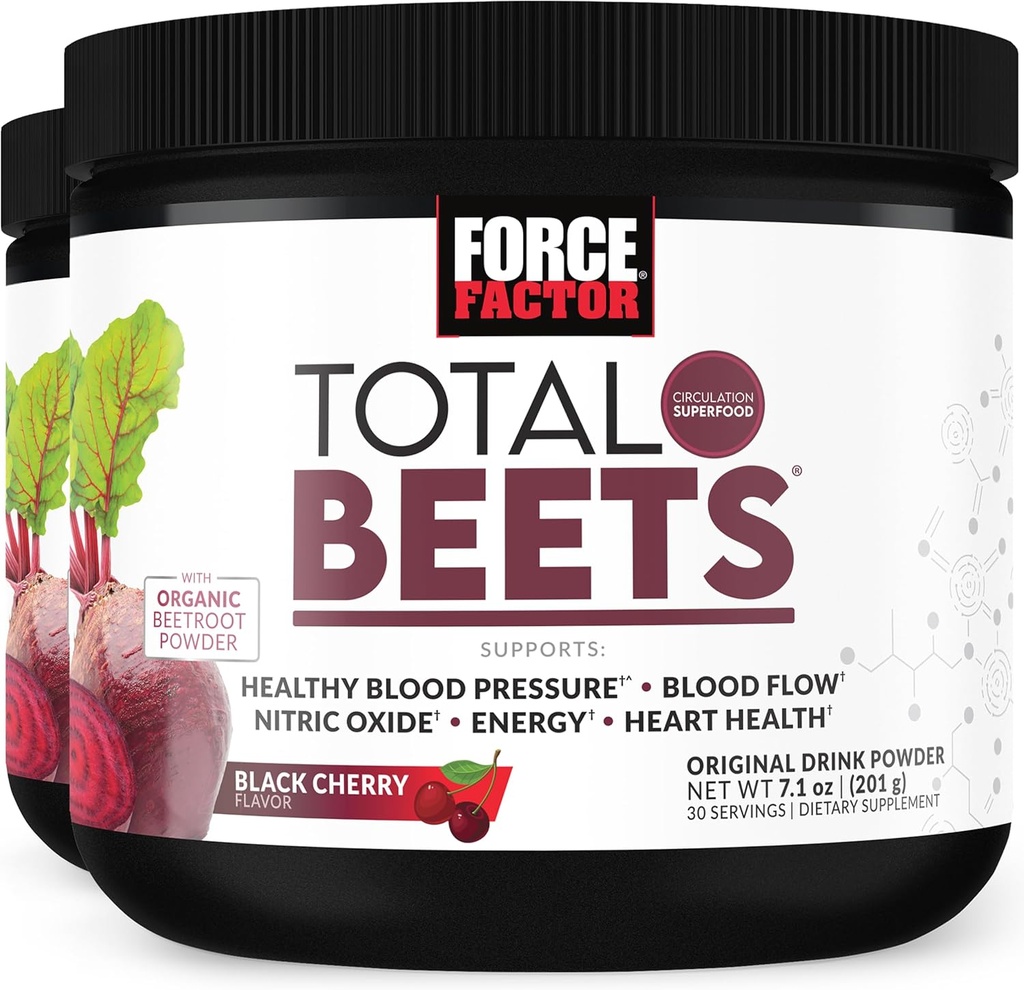 FACTEUR DE FORCE Total de betteraves Superfood Beet Root Powder 2-Pack, Nitrates pour soutenir la circulation, le flux sanguin, l'oxyde nitrique, l'énergie, l'endurance, l'endurance, supplément de santé cardiaque, 60 portions