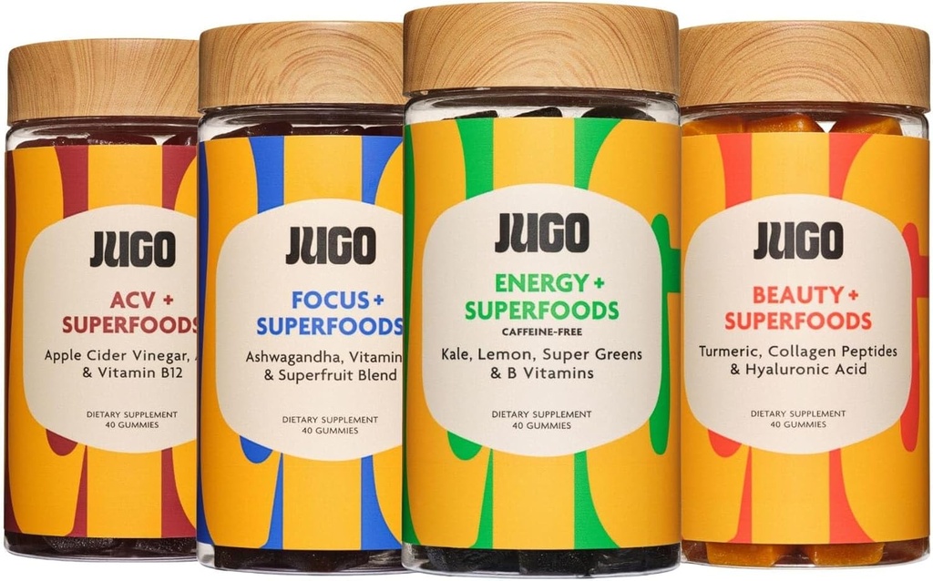 JUGO Superfoods Gummies Variety Pack – Focus, Energy, Beauty & ACV Gummies – Végétarien à 100%, sans gluten – soutient la santé mentale, corporelle et digestive