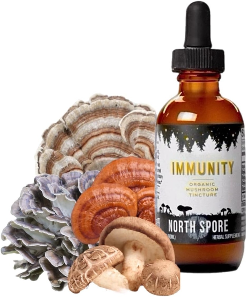 North Spore Immunity Organic Mushroom Teinture (2 oz) (100 %) Extraits de corps 100% Fruits de Reishi, Chaga, Turquie Tail, Maitake, Shiitake (100 %) Certifié biologique, végétalien, non-OGM (100 %) Adaptogène, Fabriqué aux États-Unis