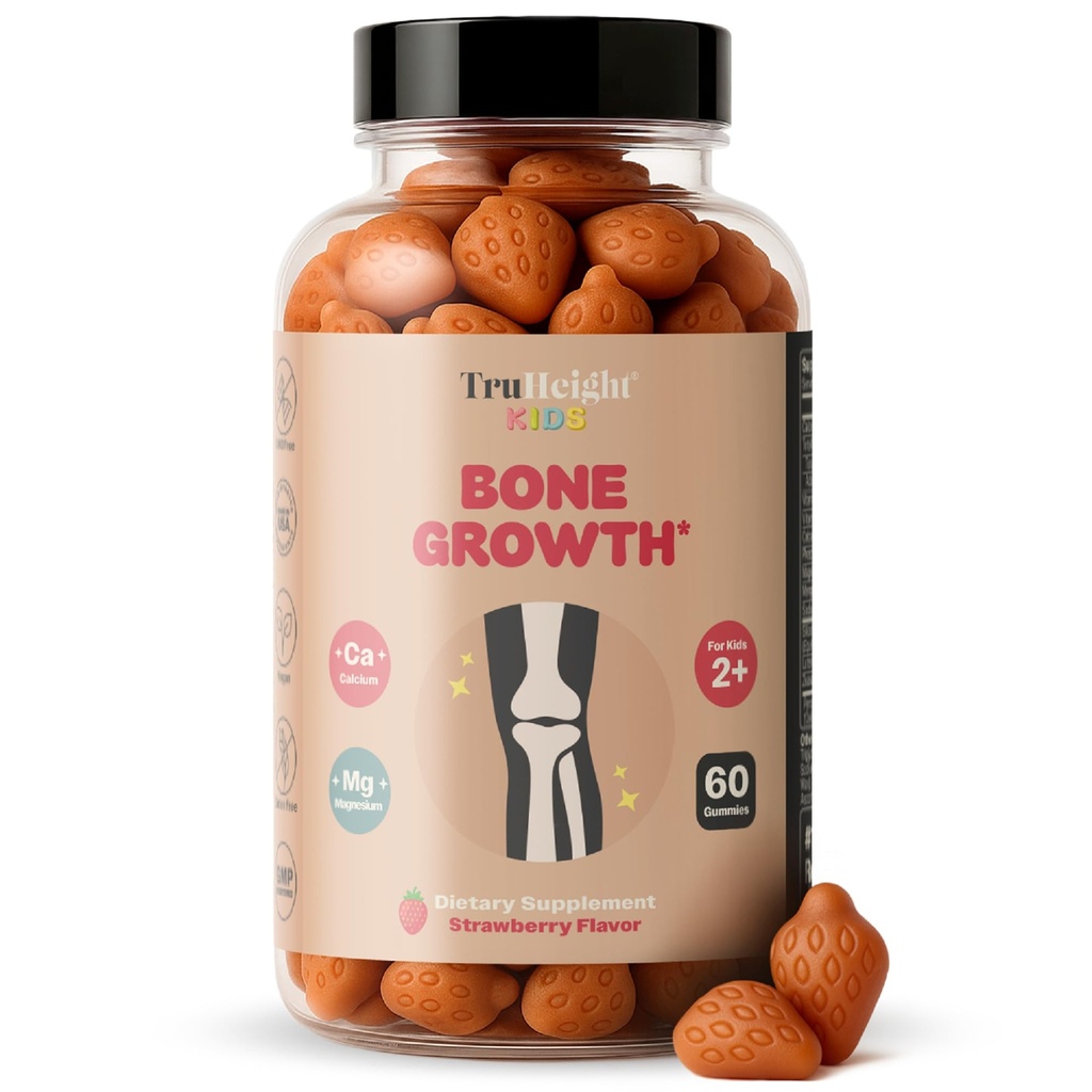 TruHeight Kids Bone Gommies de croissance (Strawberry, 2 ans et plus) Tous les enfants naturels et les vitamines pour nourrissons - Vitamine D, Calcium, K2, Magnésium Multivitamine - Croissance et développement naturels, construit des os forts, végétalien