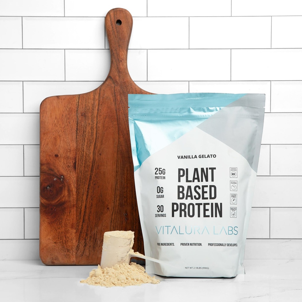 Vitalura Labs Plant-Based Protein Powder - 25g (DV 44%) Per Serving from Pea, Rice & Pumpkin - NSF Content Certified - Vanilla Gelato Flavoured - 30 Servings