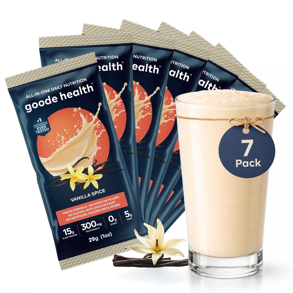 Goode Health Meal Replacement Shake, Vanilla Spice (Pack of 7) - 15g Plant-Based Protein - High Fiber, Antioxidant Polyphenols, Superfood Blend, Zero Sugar, Dairy & Gluten Free, GLP-1 Friendly