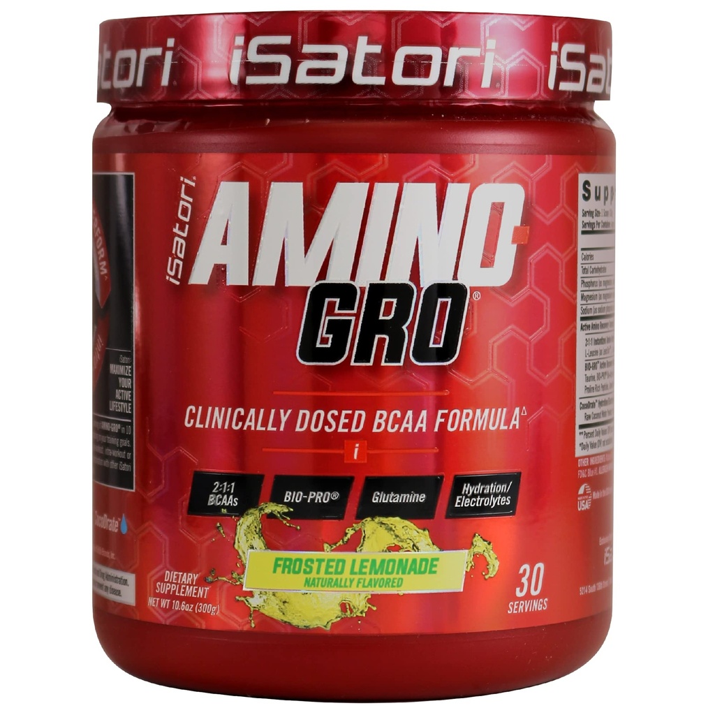 iSatori Amino-GRO BCAA Poudre, Acides aminés à chaîne ramifiée avec glutamine, poudre d'électrolyte et peptides bio-actifs bio-GRO pour la croissance musculaire et la récupération après entraînement, limonade givrée (30 portions)