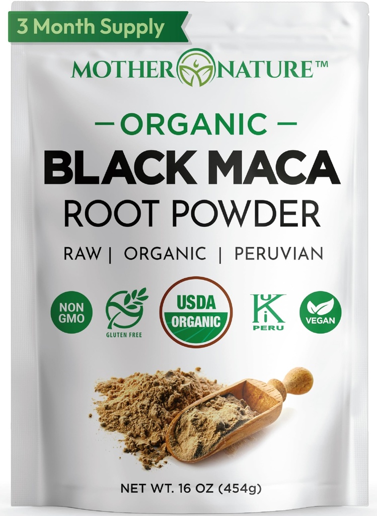 Bio, cru en poudre de racine de maca noire péruvienne - Premium USDA certifié, idéal pour les hommes et les femmes, Boost Workouts, améliorer la récupération musculaire, non-OGM, Vegan Superfood, 16 oz
