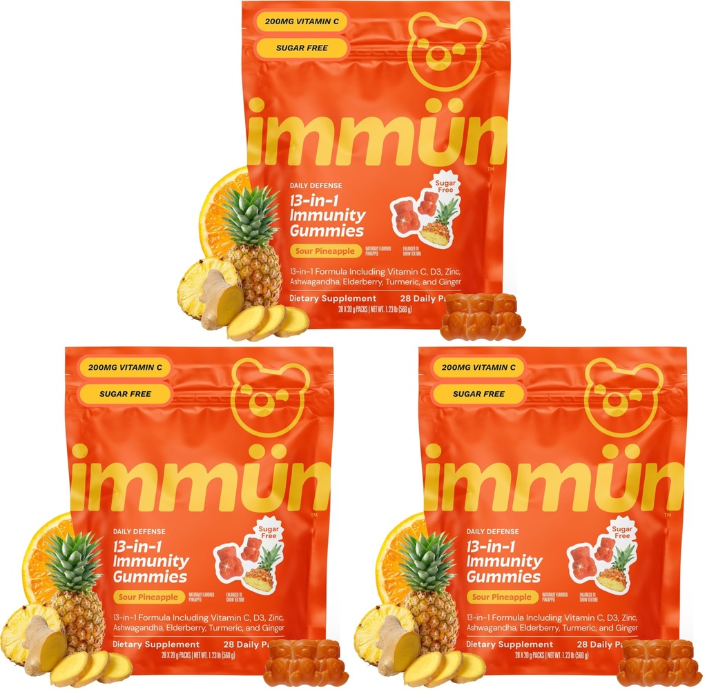 Grüns 3 x 28 Pack Immun Sugar Free Immunity Gummies with Vitamin C, Zinc, MCT Oil, & Turmeric - Daily Immune Support Supplement for Adults - Sour Pineapple Flavor (28 Count) (Pack of 3)